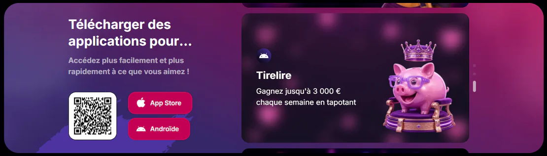 NV Casino application mobile avec téléchargement sur App Store et Android, QR code et offre Tirelire jusqu’à 3 000 € par semaine
