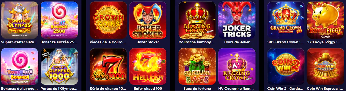NV Casino sélection de machines à sous avec Gates of Olympus, Sweet Bonanza, Crown Coins, Joker Stoker, Blazing Crown et Coin Win 2